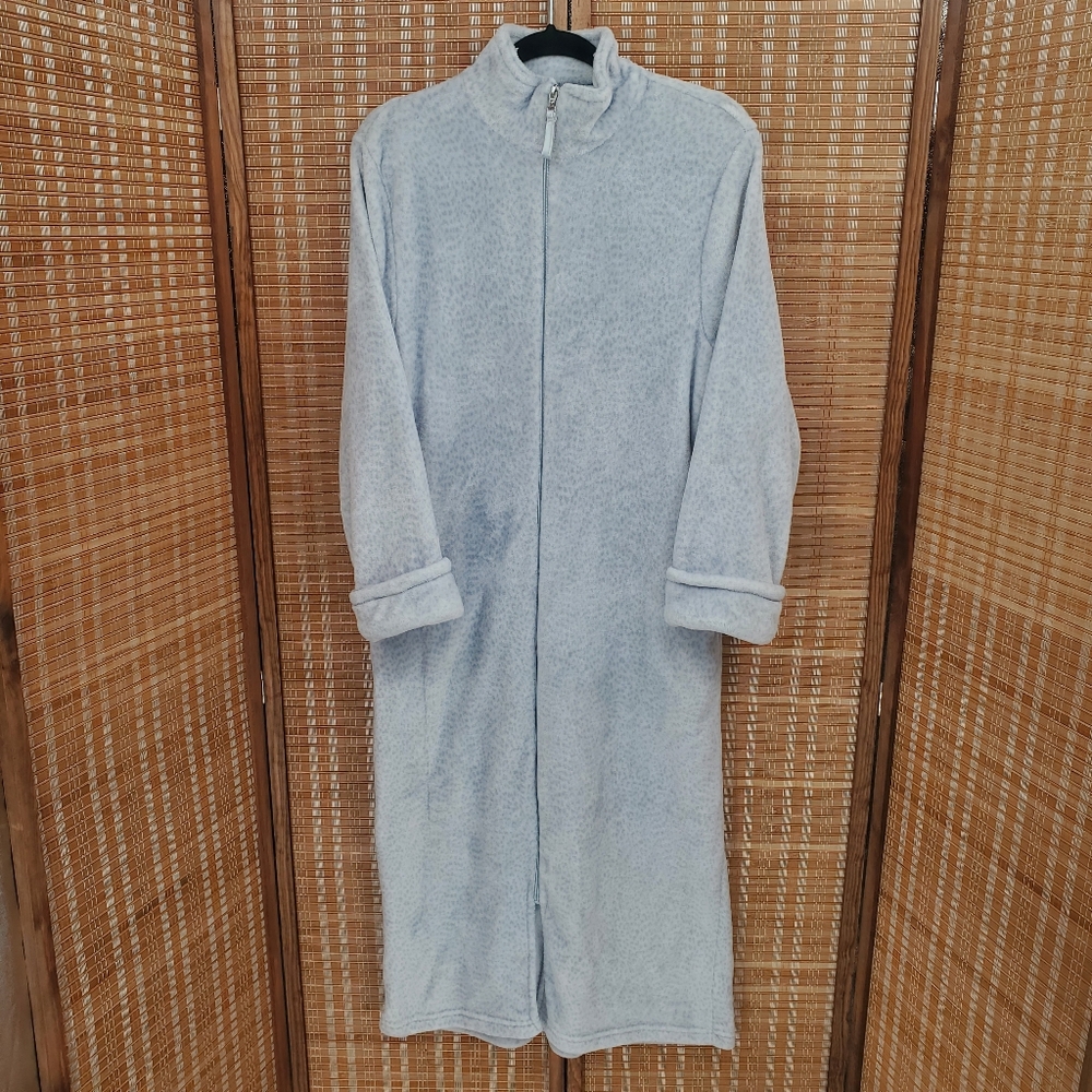 ♡ Oscar de la Renta Blue Leopard Print Fuzzy Full Zip House Robe Size S/M